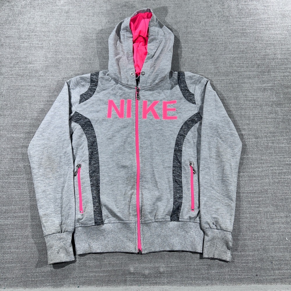 Nike Full Zip Hoodie Girls M Grey Neon Pink Fair Colorblock Athletic Logo